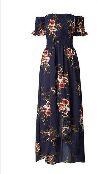 Boho style long dress women Off shoulder beach summer dresses featuring floral design and flowing silhouette.