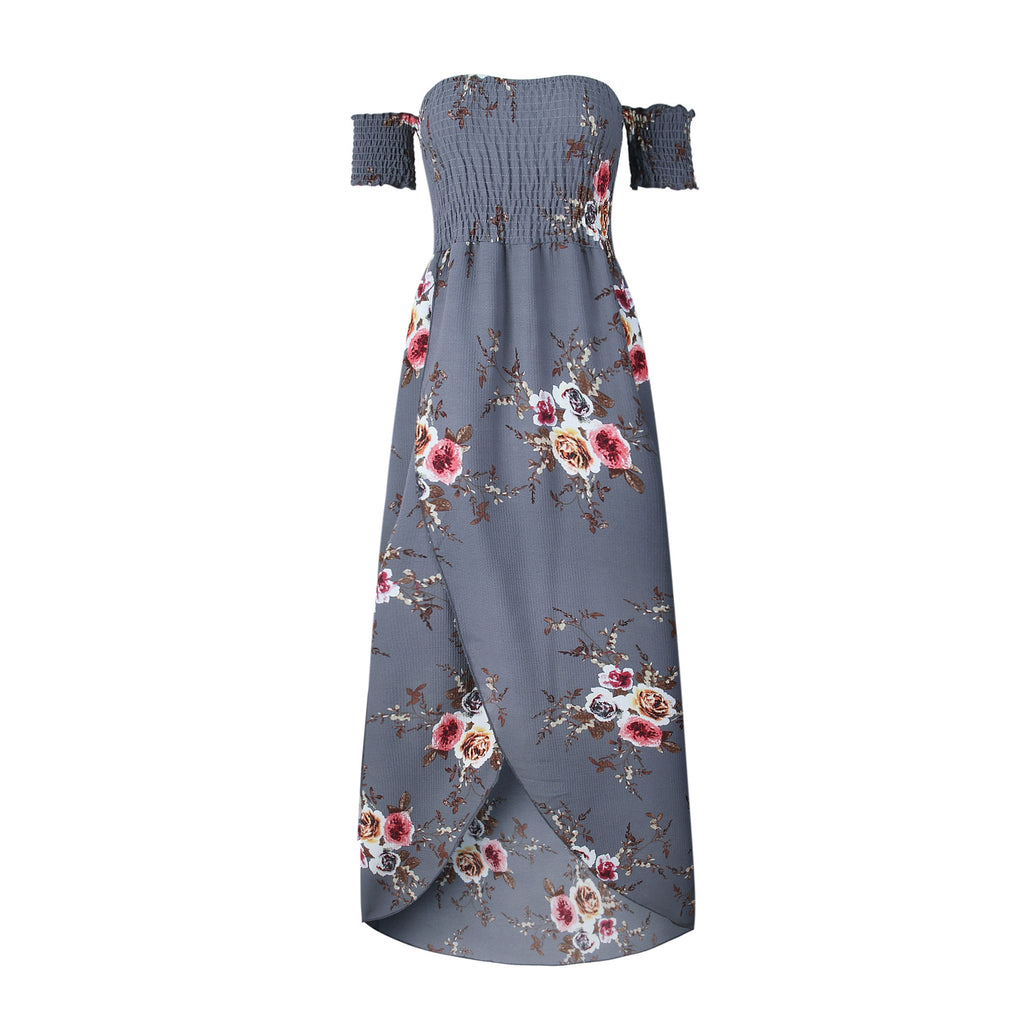 Boho style long dress women Off shoulder beach summer dresses in blue floral print.