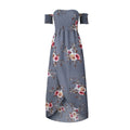 Boho style long dress women Off shoulder beach summer dresses in blue floral print.