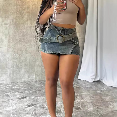 Retro Asymmetrical-hem Fashionably Designed Washed Denim Shorts