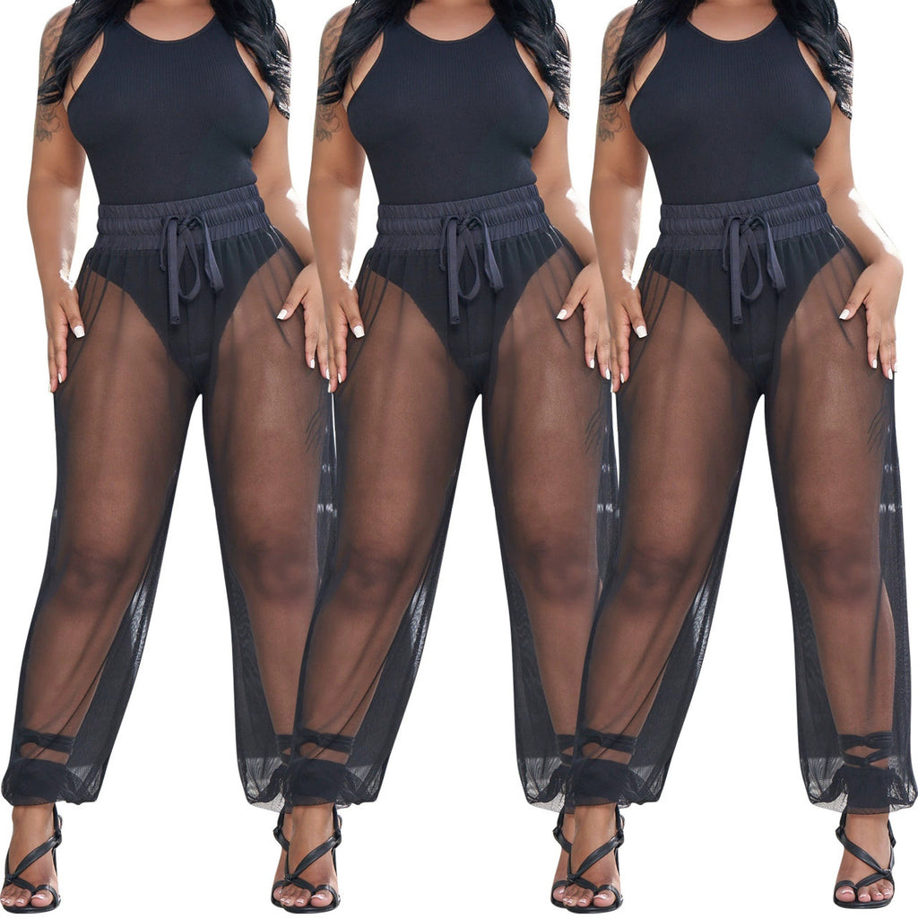 Hole-ribbed Tank Top And Mesh Pants Two-piece Set