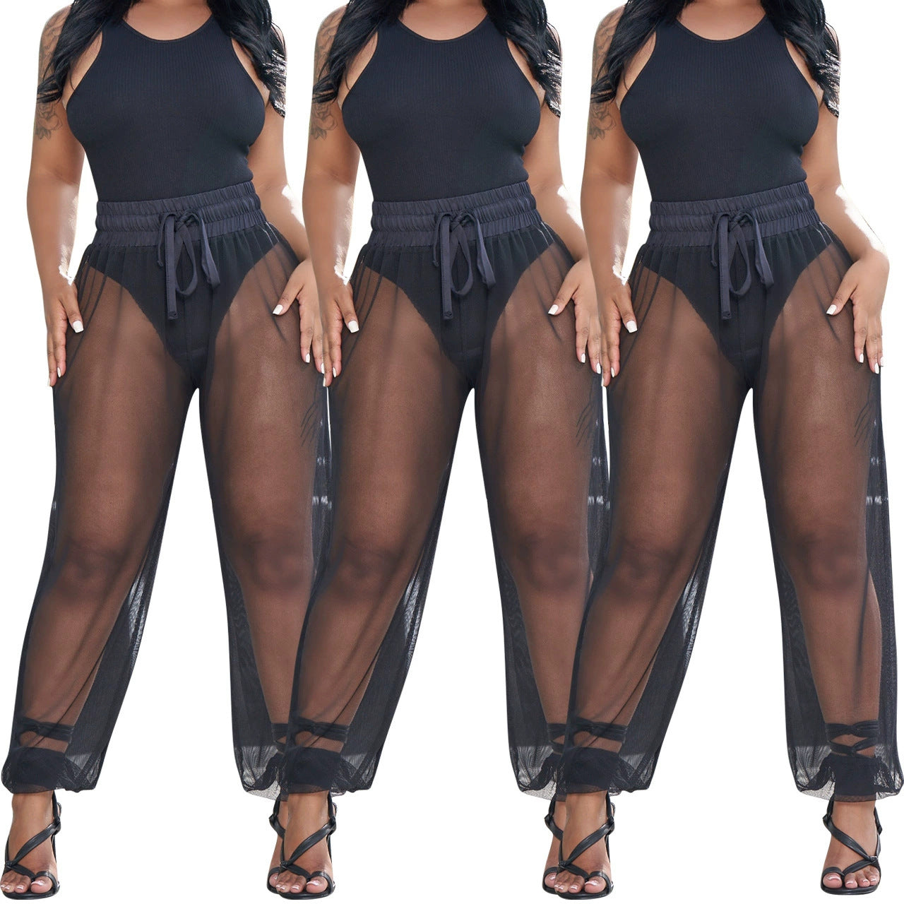 Hole-ribbed Tank Top And Mesh Pants Two-piece Set