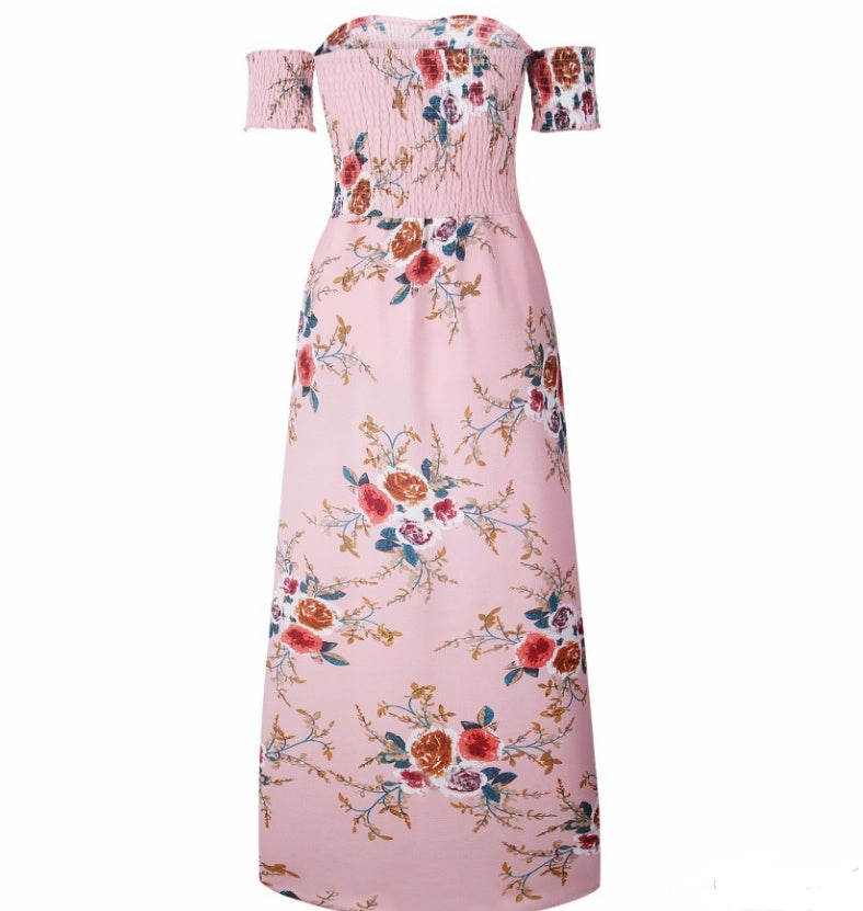 Boho style long dress women Off shoulder beach summer dresses featuring floral print in pink color.