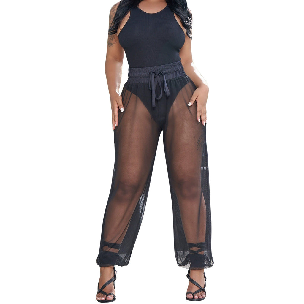 Hole-ribbed Tank Top And Mesh Pants Two-piece Set