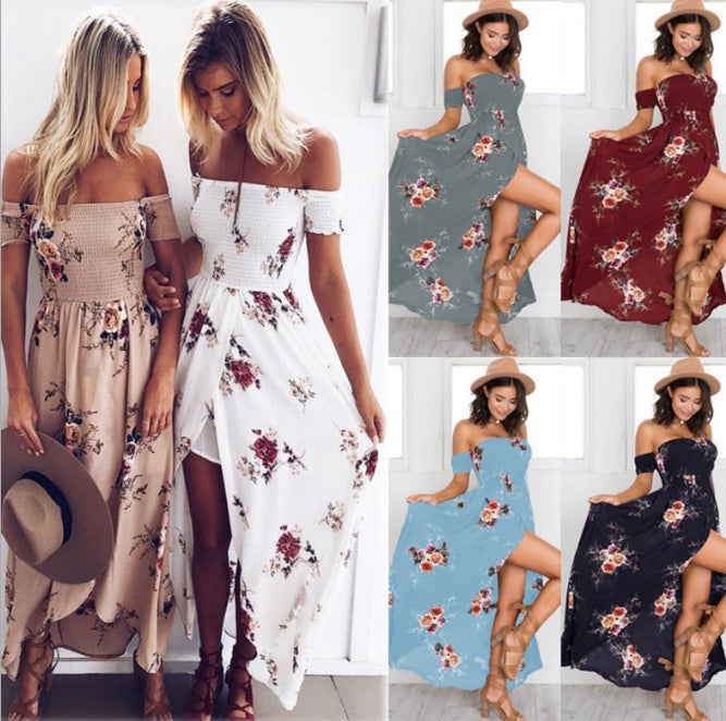 Boho style long dress women Off shoulder beach summer dresses displayed in various colors and styles on two models.
