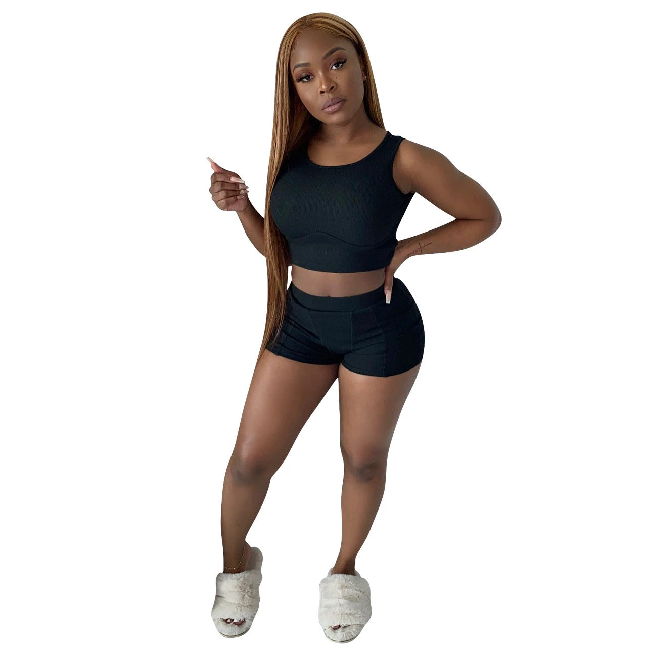 Stylish Solid-Color Ribbed Two-Piece Set