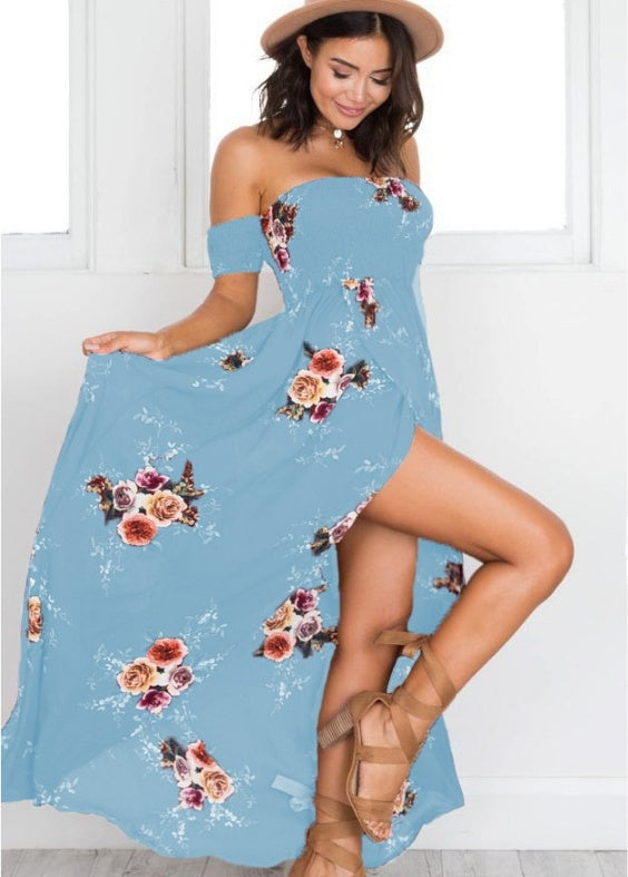 Boho style long dress women Off shoulder beach summer dresses with floral print and slit, ideal for summer outings.