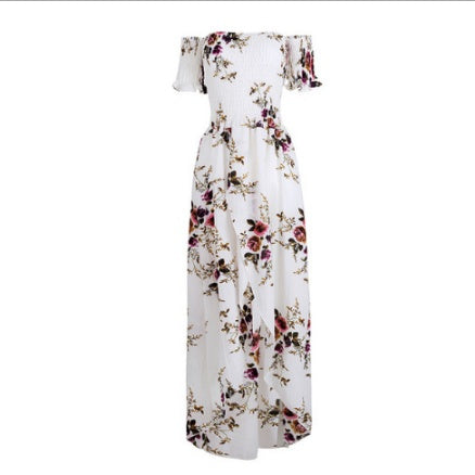 Boho style long dress women Off shoulder beach summer dresses with floral pattern on a white background.