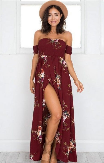 Boho style long dress women Off shoulder beach summer dresses in burgundy with floral pattern and thigh-high slit