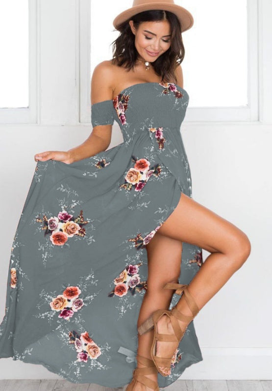 Boho style long dress women Off shoulder beach summer dresses featuring floral design and thigh-high slit.