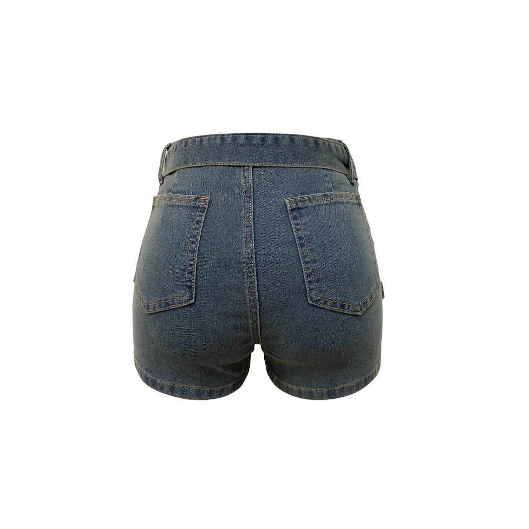 Retro Asymmetrical-hem Fashionably Designed Washed Denim Shorts