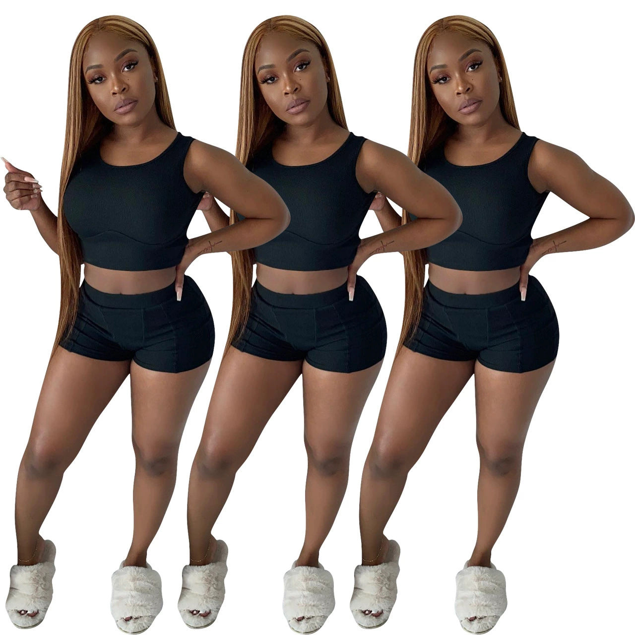 Stylish Solid-Color Ribbed Two-Piece Set