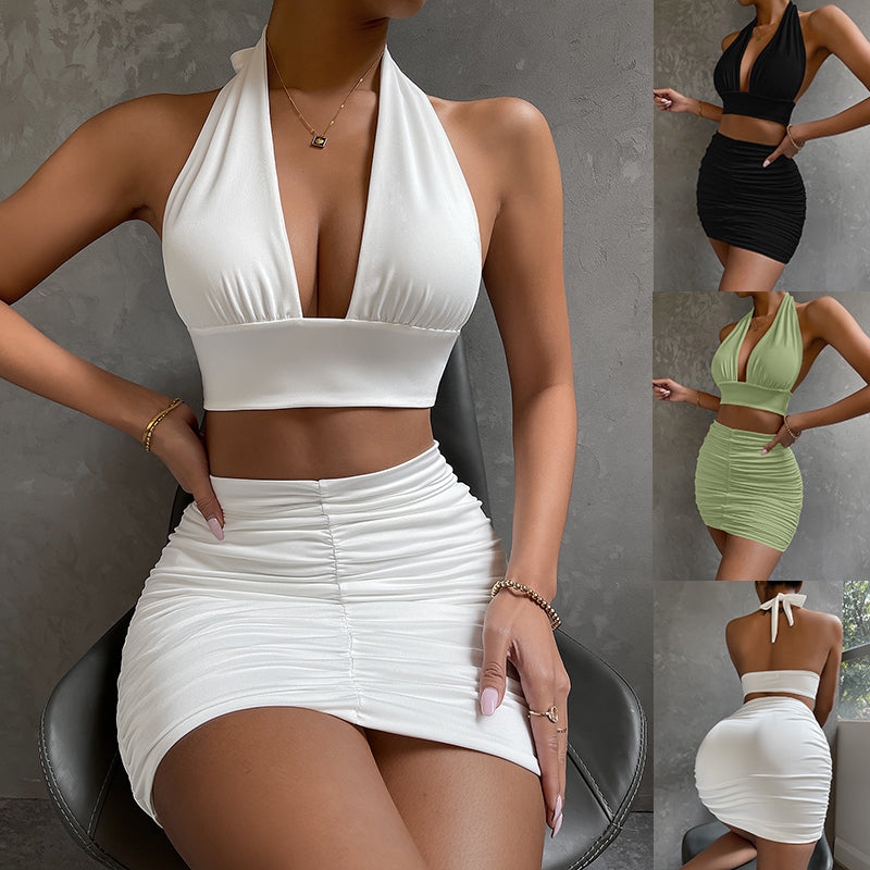 2pcs Dress Suits For Women Halter Lace-up Hip Top And Pleated Hip-covering Skirt in white, black, and pea green